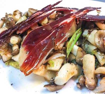 Sautéed Mushrooms with Spring Garlic and Jamón Ibérico de Bellota
