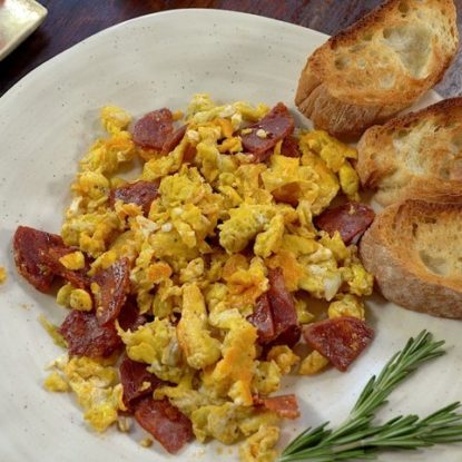 Scrambled eggs with Chorizo Ibérico de Bellota Spanish dish